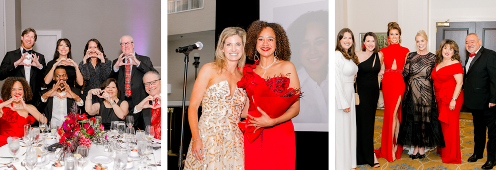 Group of three photos, the first is the group photo of First Horizon Bank attendees holding up hearts in the ballroom. The second is Chair Kim Carter awarding the Tarrant County Leader of Impact, Courtney Lewis, with a red bouquet. The Last photo is a group photo of Frost Bank attendees with their Leader of Impact nominee, Julie Ferraro.
